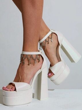 White Platform Block Heel Sandals with Ankle Charm Accent